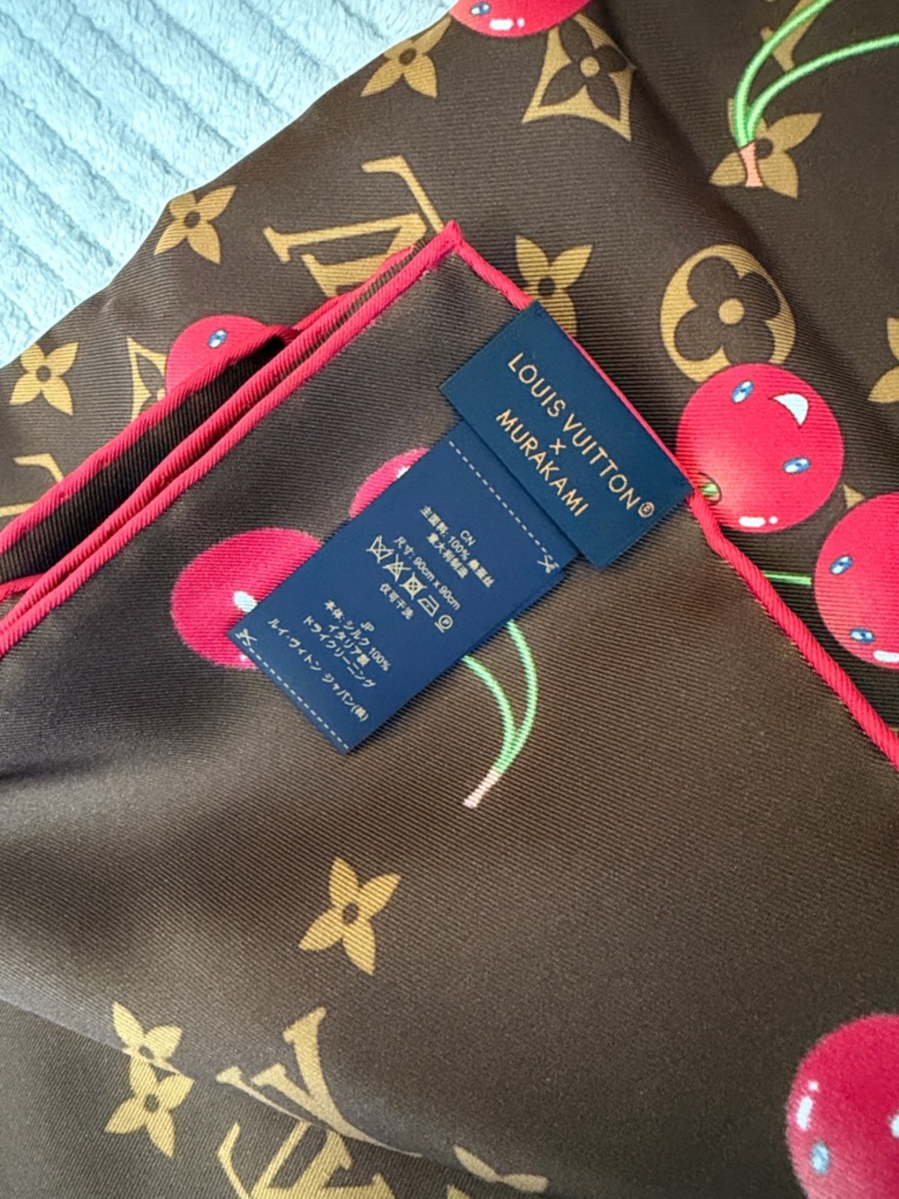 Louis Vuitton Brown Monogram Cherry Silk Scarf - Red Accents - Picture 7 of 8